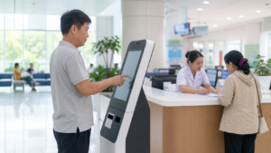 Người bệnh sử dụng kiosk tự phục vụ tại khu tiếp nhận bệnh viện