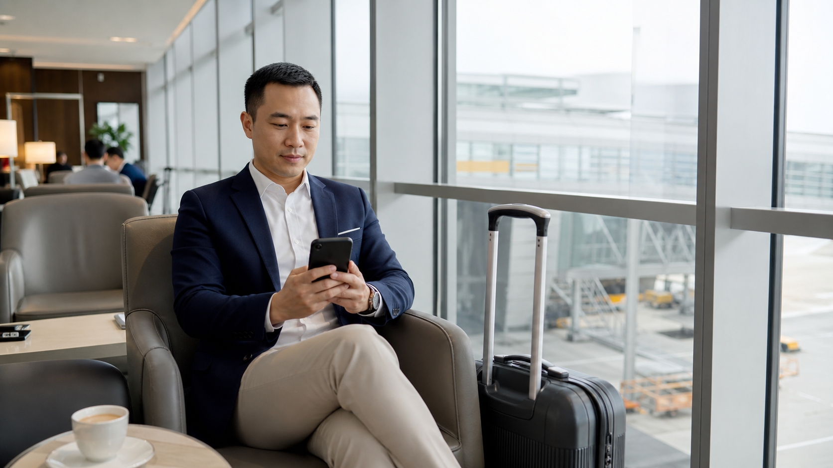 Khách sử dụng điện thoại để kết nối Wifi tại khu vực chờ sân bay