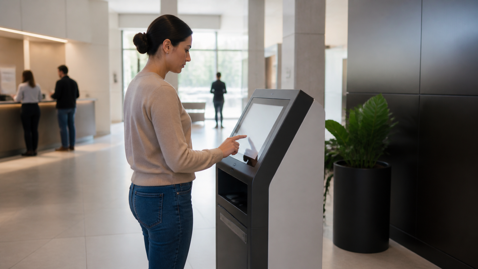 Người dùng thao tác an toàn trên kiosk tự phục vụ tại không gian công cộng