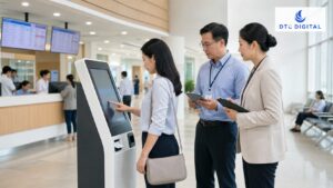 Người bệnh sử dụng kiosk y tế tại khu tiếp đón bệnh viện