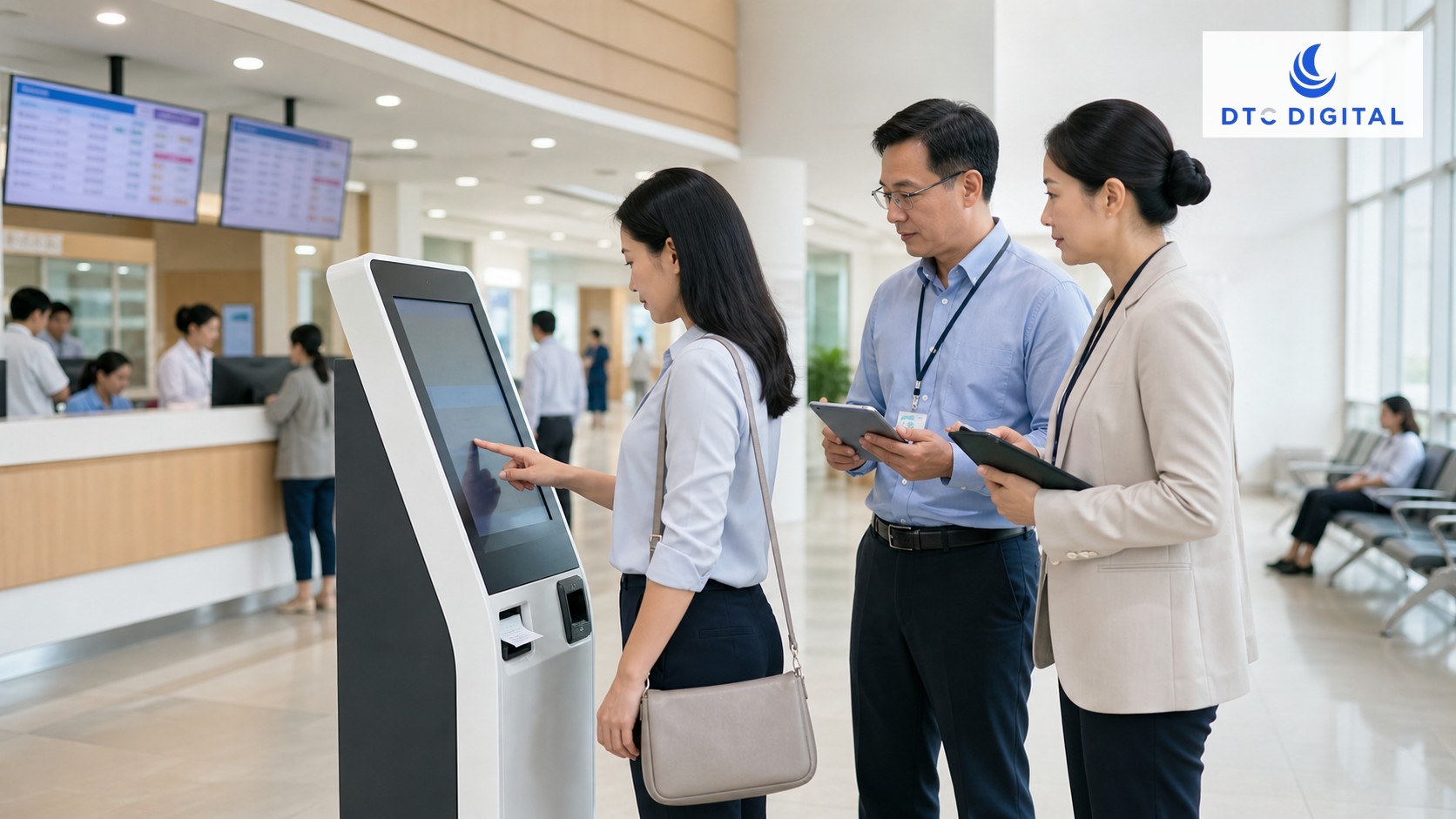 Người bệnh sử dụng kiosk y tế tại khu tiếp đón bệnh viện