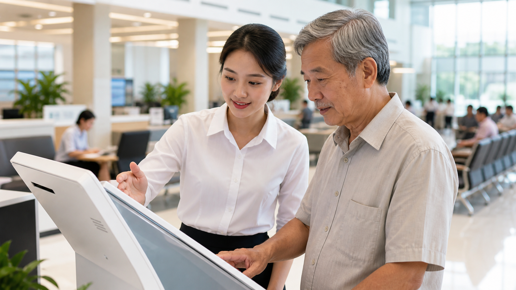 Cán bộ hướng dẫn người dân sử dụng kiosk dịch vụ công thân thiện