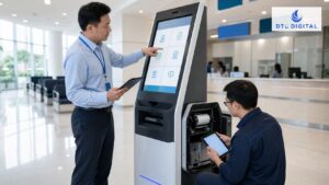 Quản lý vận hành và kỹ thuật viên kiểm tra thiết bị kiosk lấy số tự động