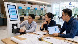 Đội mua sắm kiểm tra cấu hình và chi phí kiosk lấy số thứ tự
