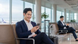 Khách sử dụng điện thoại kết nối Wifi tại khu vực chờ sân bay