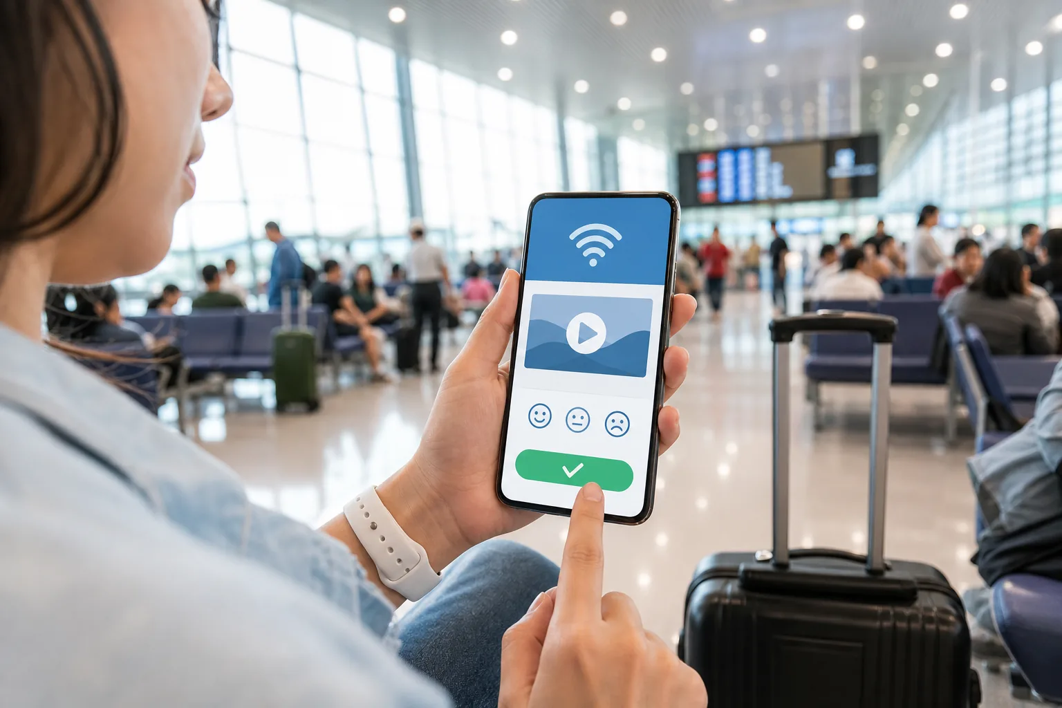 Hành khách tương tác với quảng cáo trên cổng kết nối Wifi sân bay