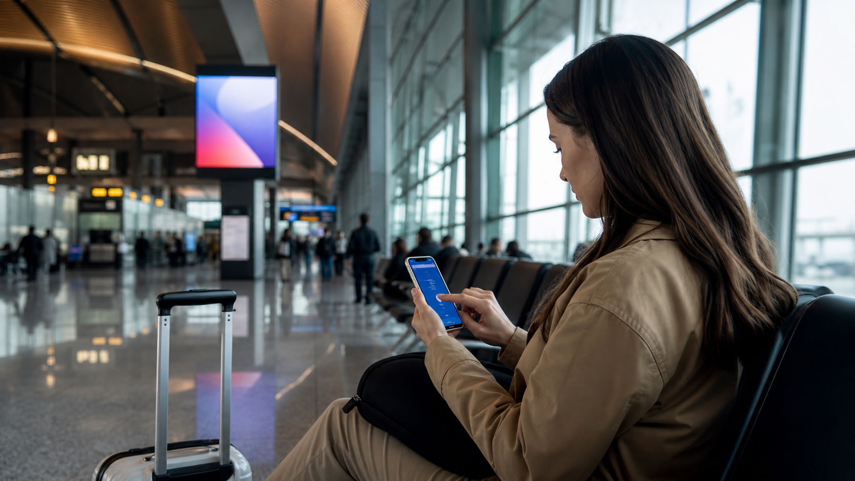 Hành khách kết nối WiFi tại sân bay bằng điện thoại