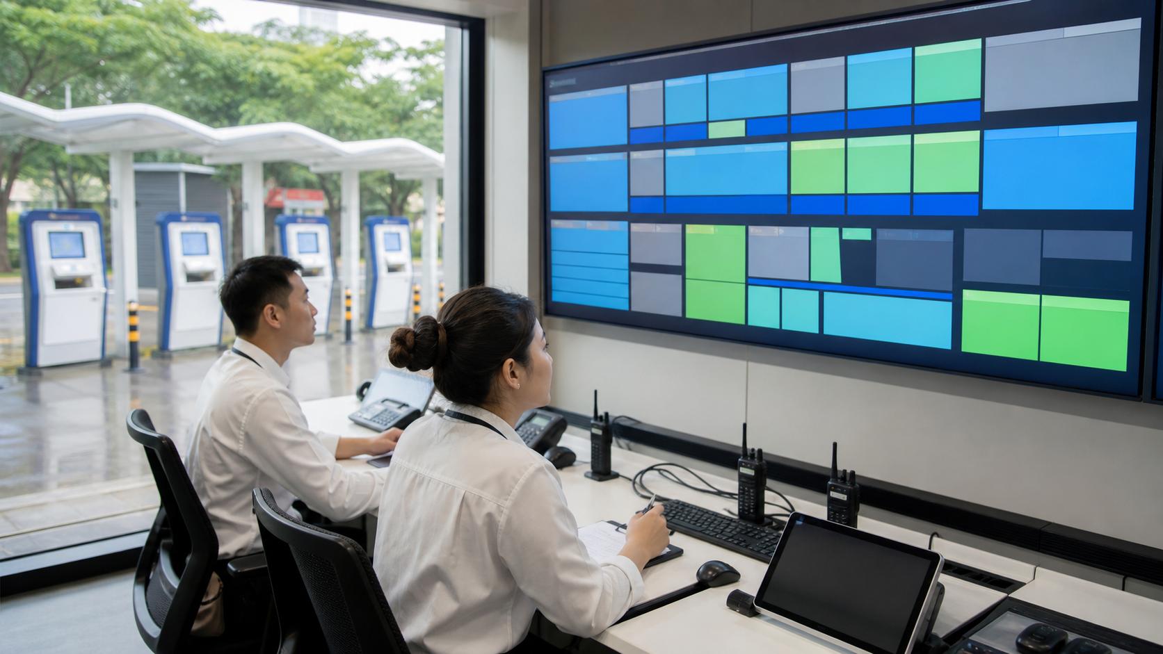 Nhân viên vận hành theo dõi hệ thống kiosk tại trung tâm điều hành
