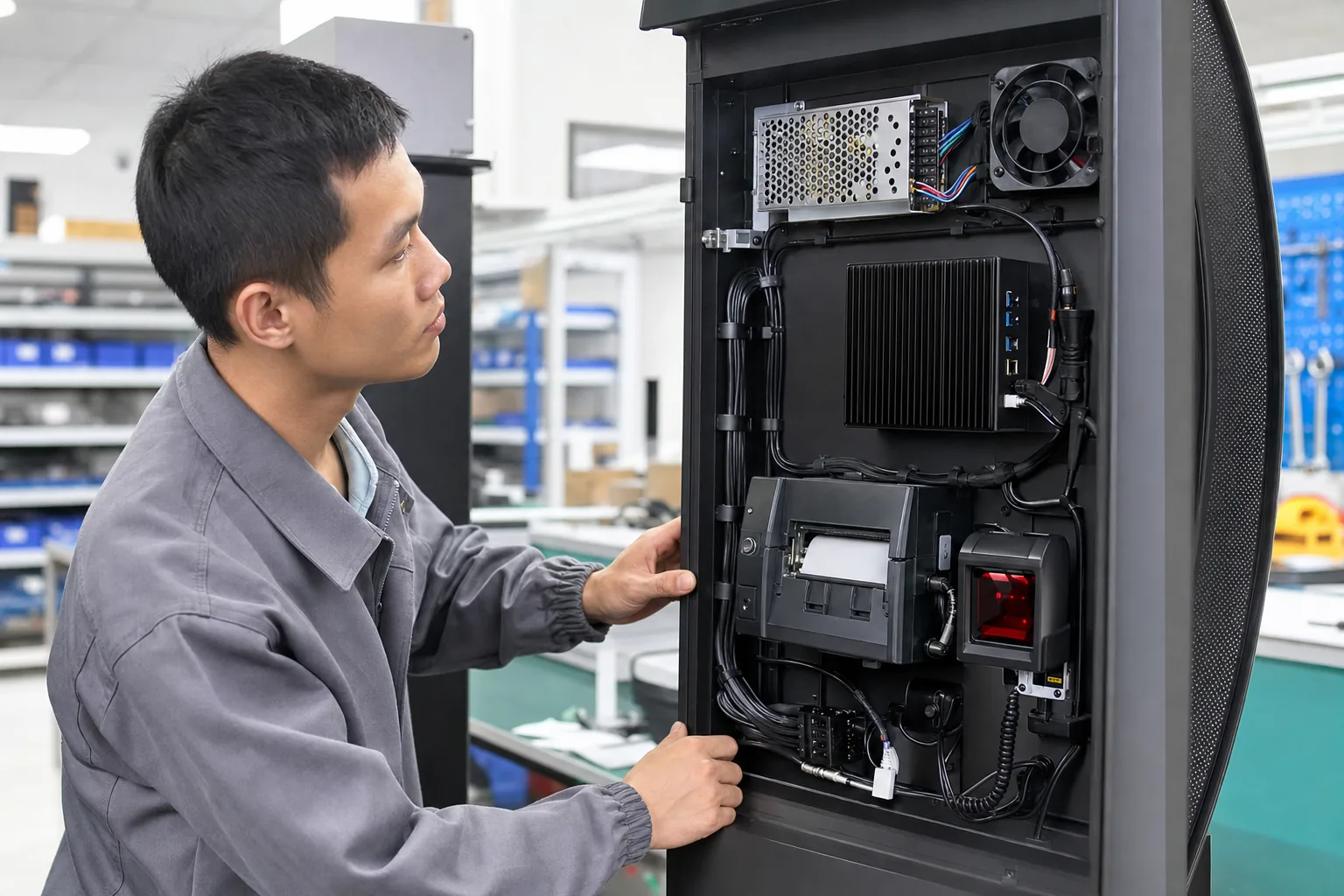 Kỹ thuật viên kiểm tra các thành phần bên trong kiosk thông minh
