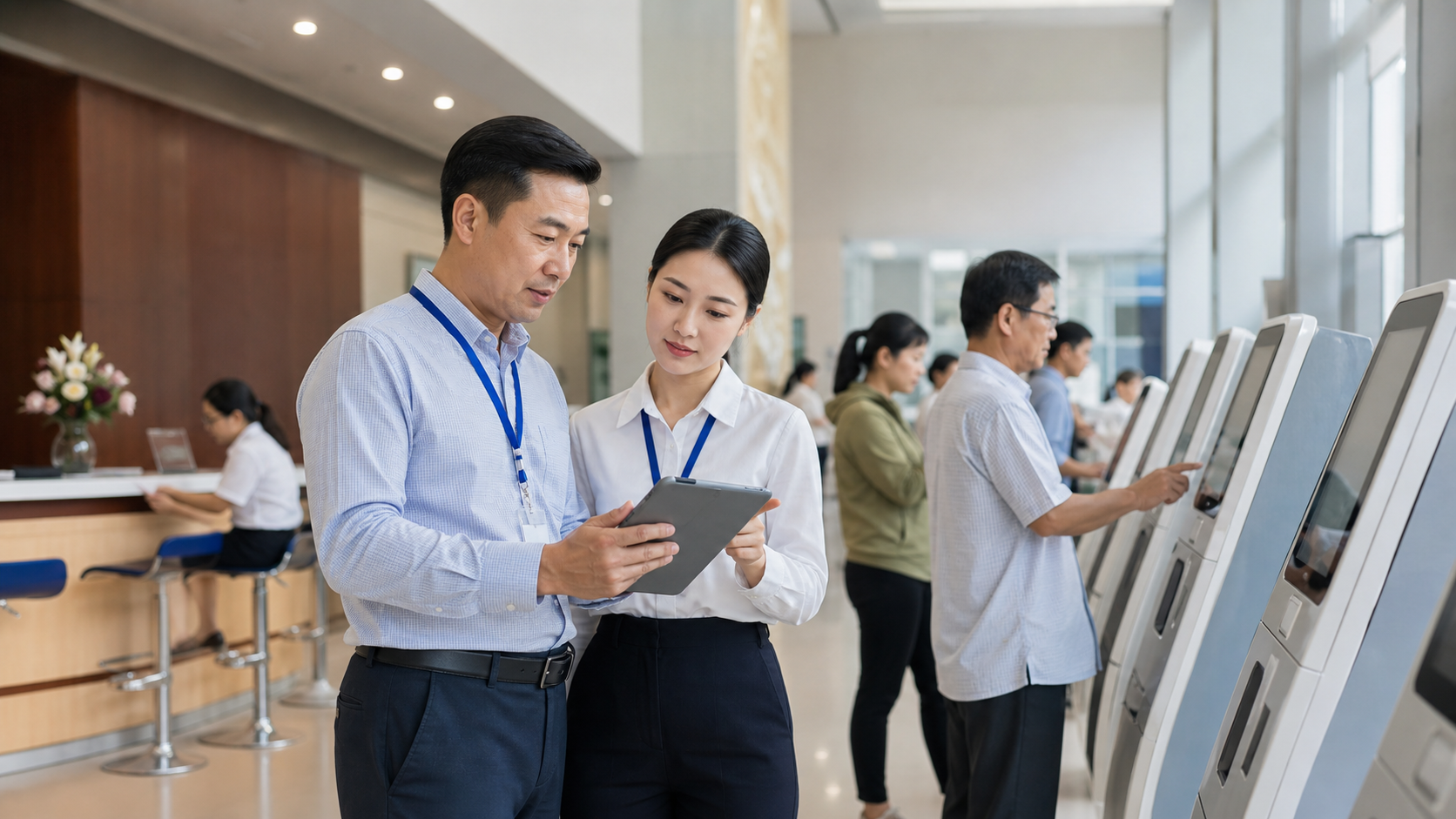 Nhân sự vận hành theo dõi kiosk tại trung tâm hành chính công