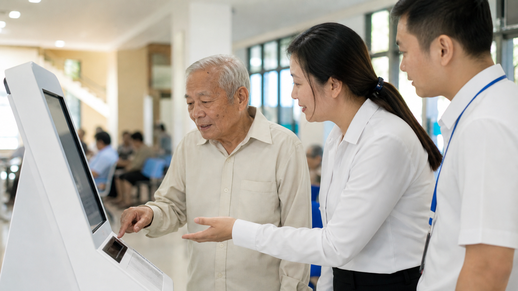 Cán bộ hướng dẫn người cao tuổi sử dụng kiosk hành chính công