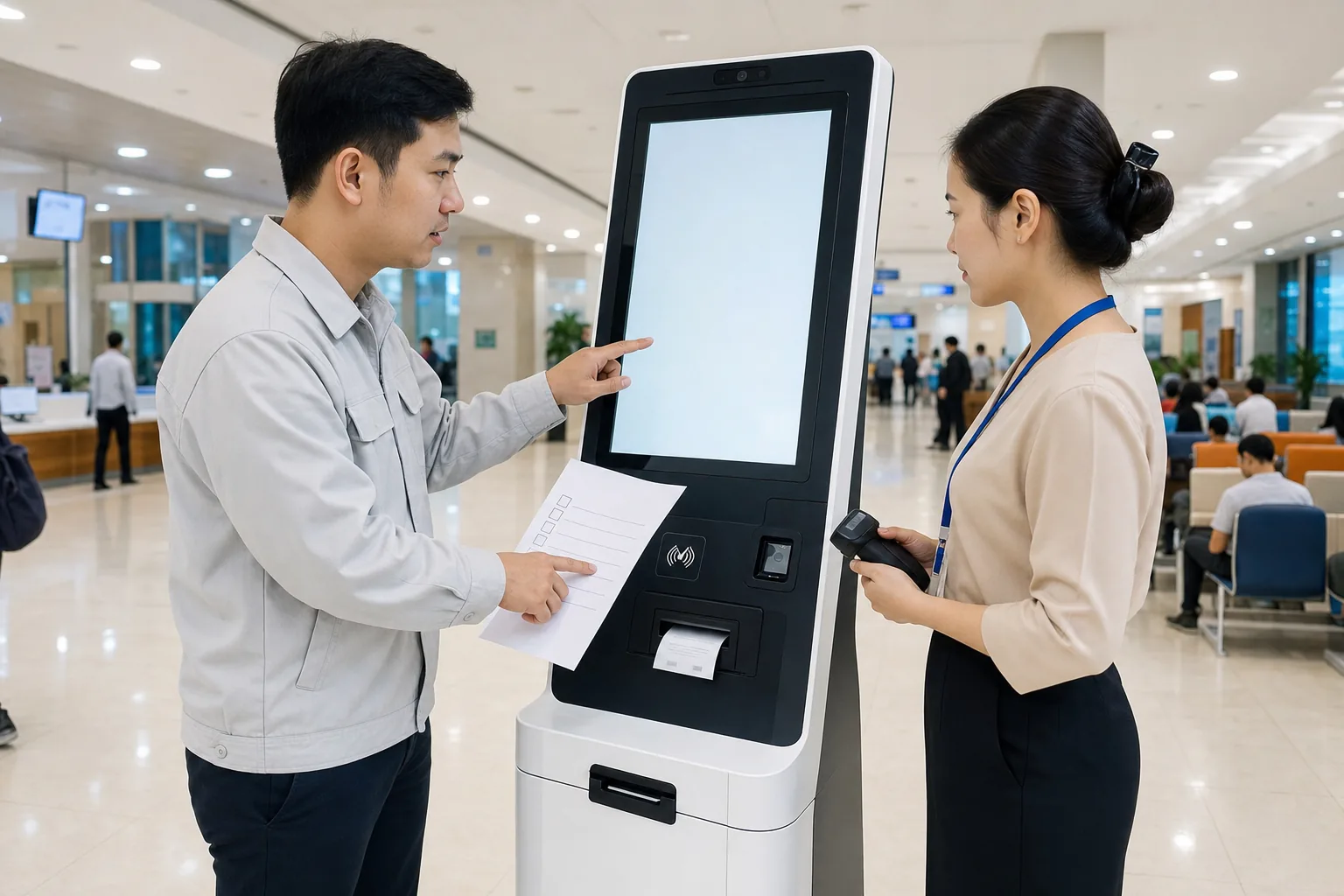 Đại diện khách hàng và kỹ thuật viên nghiệm thu kiosk tại điểm phục vụ