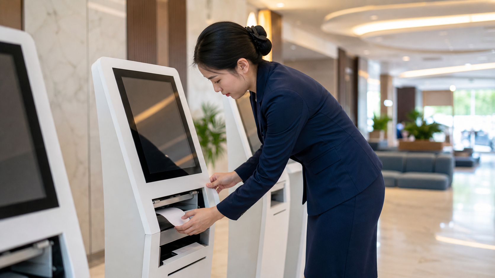 Nhân viên vận hành kiểm tra kiosk và phần mềm gọi số trước giờ phục vụ